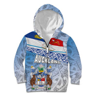 New Zealand Auckland Kid Hoodie Auckland's Flag and Coat of Arms - Koru Art Maori Pattern