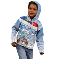 New Zealand Auckland Kid Hoodie Auckland's Flag and Coat of Arms - Koru Art Maori Pattern