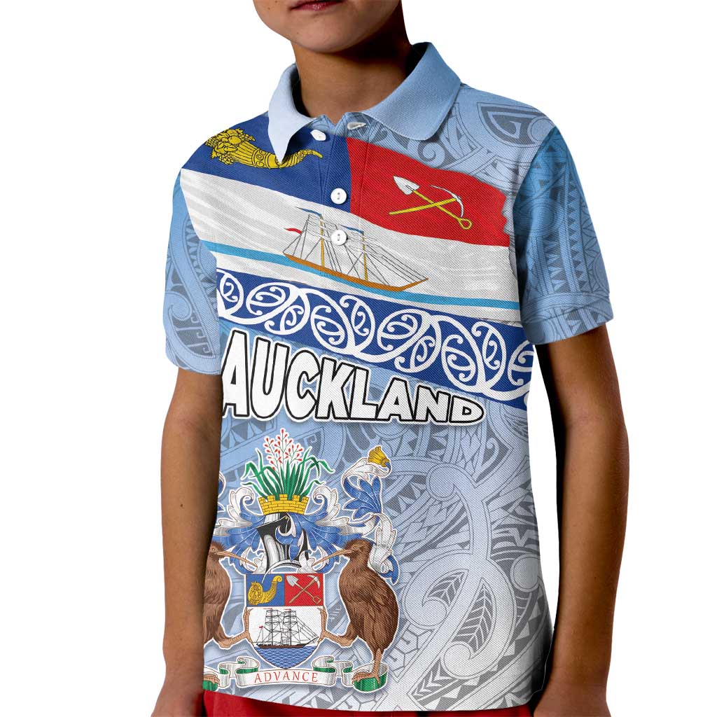 New Zealand Auckland Kid Polo Shirt Auckland's Flag and Coat of Arms - Koru Art Maori Pattern LT03 Kid Light Blue - Polynesian Pride