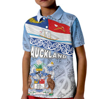New Zealand Auckland Kid Polo Shirt Auckland's Flag and Coat of Arms - Koru Art Maori Pattern LT03 Kid Light Blue - Polynesian Pride