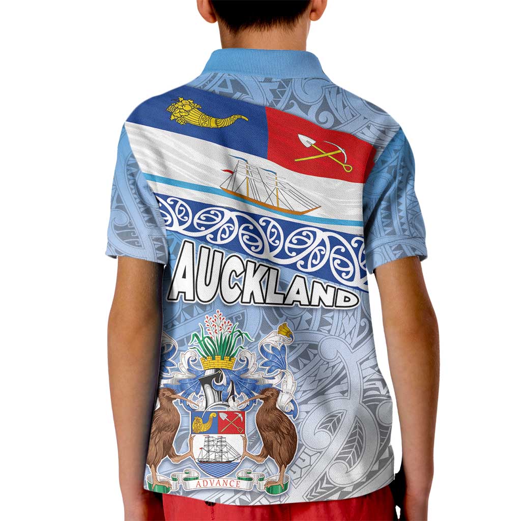 New Zealand Auckland Kid Polo Shirt Auckland's Flag and Coat of Arms - Koru Art Maori Pattern LT03 - Polynesian Pride
