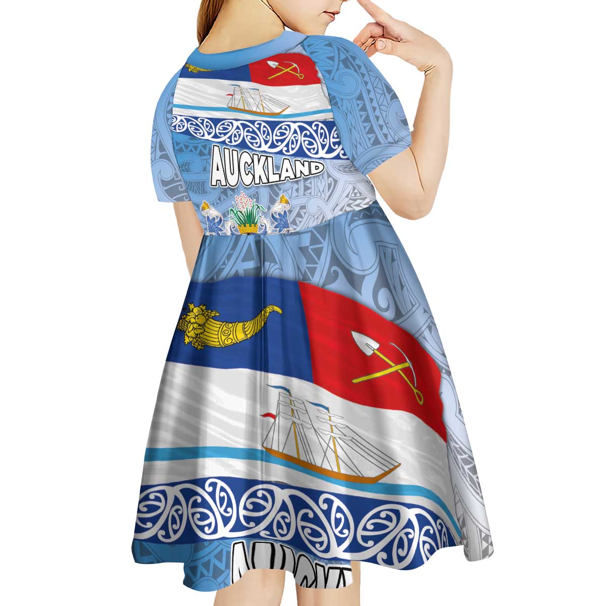 New Zealand Auckland Kid Short Sleeve Dress Auckland's Flag and Coat of Arms - Koru Art Maori Pattern