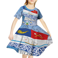 New Zealand Auckland Kid Short Sleeve Dress Auckland's Flag and Coat of Arms - Koru Art Maori Pattern