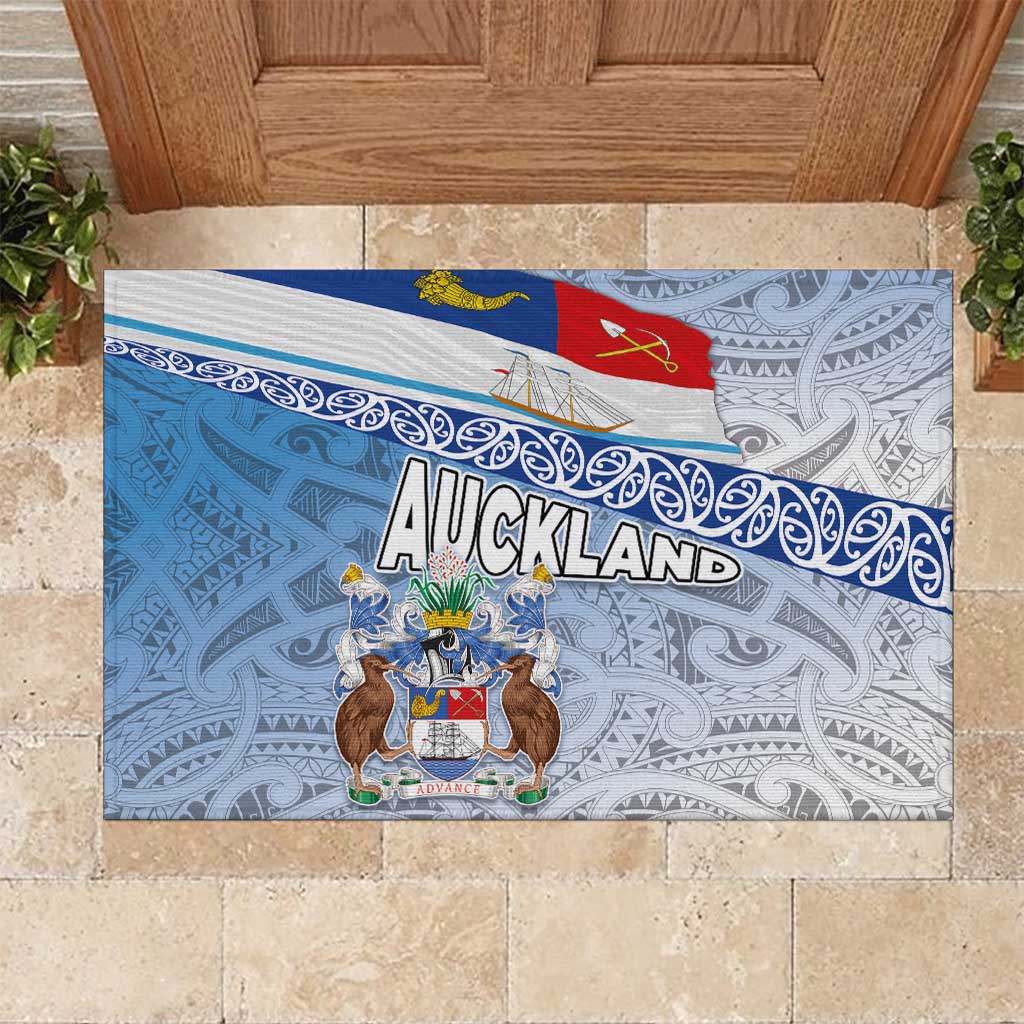 New Zealand Auckland Rubber Doormat Auckland's Flag and Coat of Arms - Koru Art Maori Pattern LT03 Light Blue - Polynesian Pride
