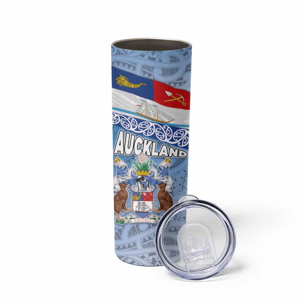 New Zealand Auckland Skinny Tumbler Auckland's Flag and Coat of Arms - Koru Art Maori Pattern
