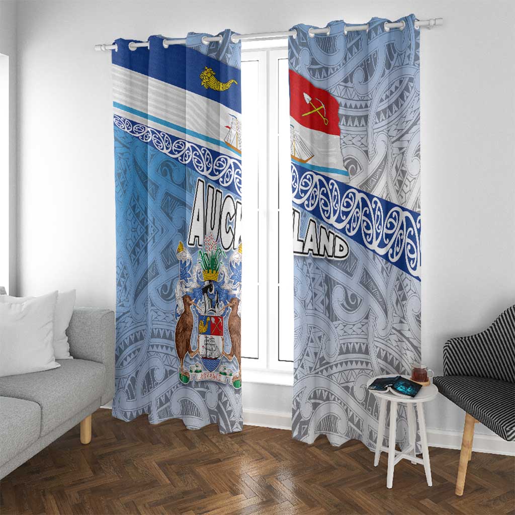 New Zealand Auckland Window Curtain Auckland's Flag and Coat of Arms - Koru Art Maori Pattern