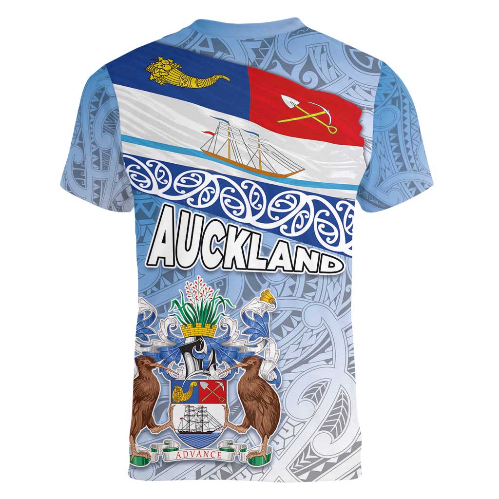 New Zealand Auckland Women V-Neck T-Shirt Auckland's Flag and Coat of Arms - Koru Art Maori Pattern LT03 - Polynesian Pride