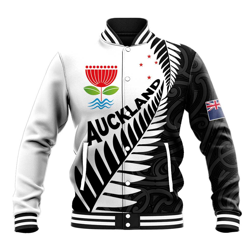 New Zealand Auckland Baseball Jacket Auckland's Emblem and Silver Ferns - Maori Art Tattoo LT03 Unisex Light Blue - Polynesian Pride