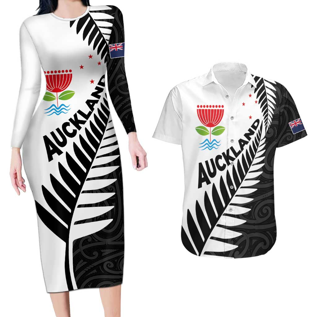 New Zealand Auckland Couples Matching Long Sleeve Bodycon Dress and Hawaiian Shirt Auckland's Emblem and Silver Ferns - Maori Art Tattoo LT03 Light Blue - Polynesian Pride