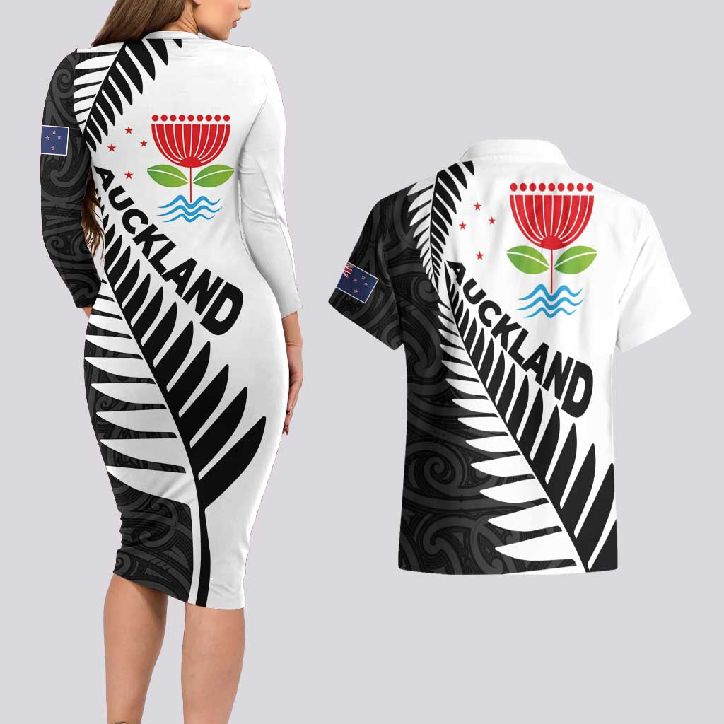 New Zealand Auckland Couples Matching Long Sleeve Bodycon Dress and Hawaiian Shirt Auckland's Emblem and Silver Ferns - Maori Art Tattoo LT03 - Polynesian Pride