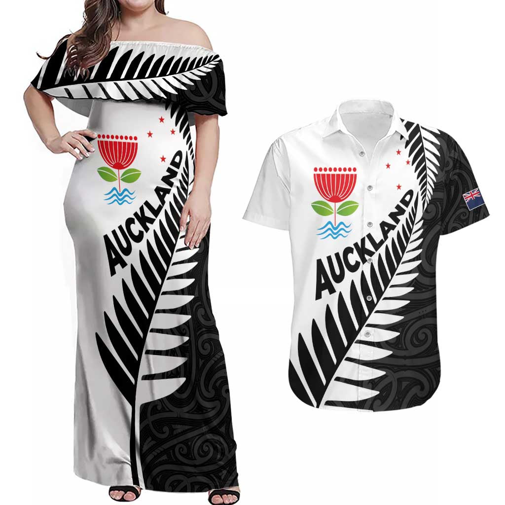 New Zealand Auckland Couples Matching Off Shoulder Maxi Dress and Hawaiian Shirt Auckland's Emblem and Silver Ferns - Maori Art Tattoo LT03 Light Blue - Polynesian Pride