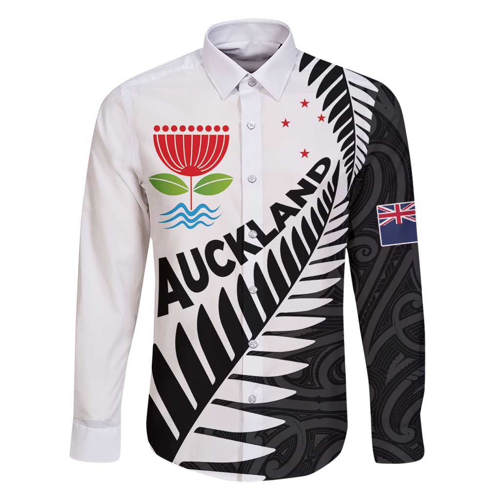 New Zealand Auckland Family Matching Long Sleeve Bodycon Dress and Hawaiian Shirt Auckland's Emblem and Silver Ferns - Maori Art Tattoo LT03 Dad's Shirt - Long Sleeve Light Blue - Polynesian Pride