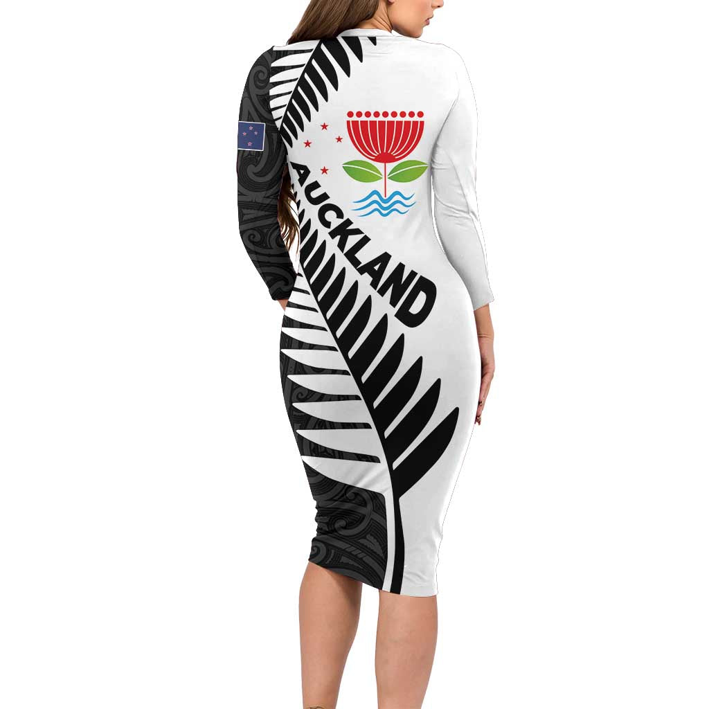New Zealand Auckland Family Matching Long Sleeve Bodycon Dress and Hawaiian Shirt Auckland's Emblem and Silver Ferns - Maori Art Tattoo LT03 - Polynesian Pride