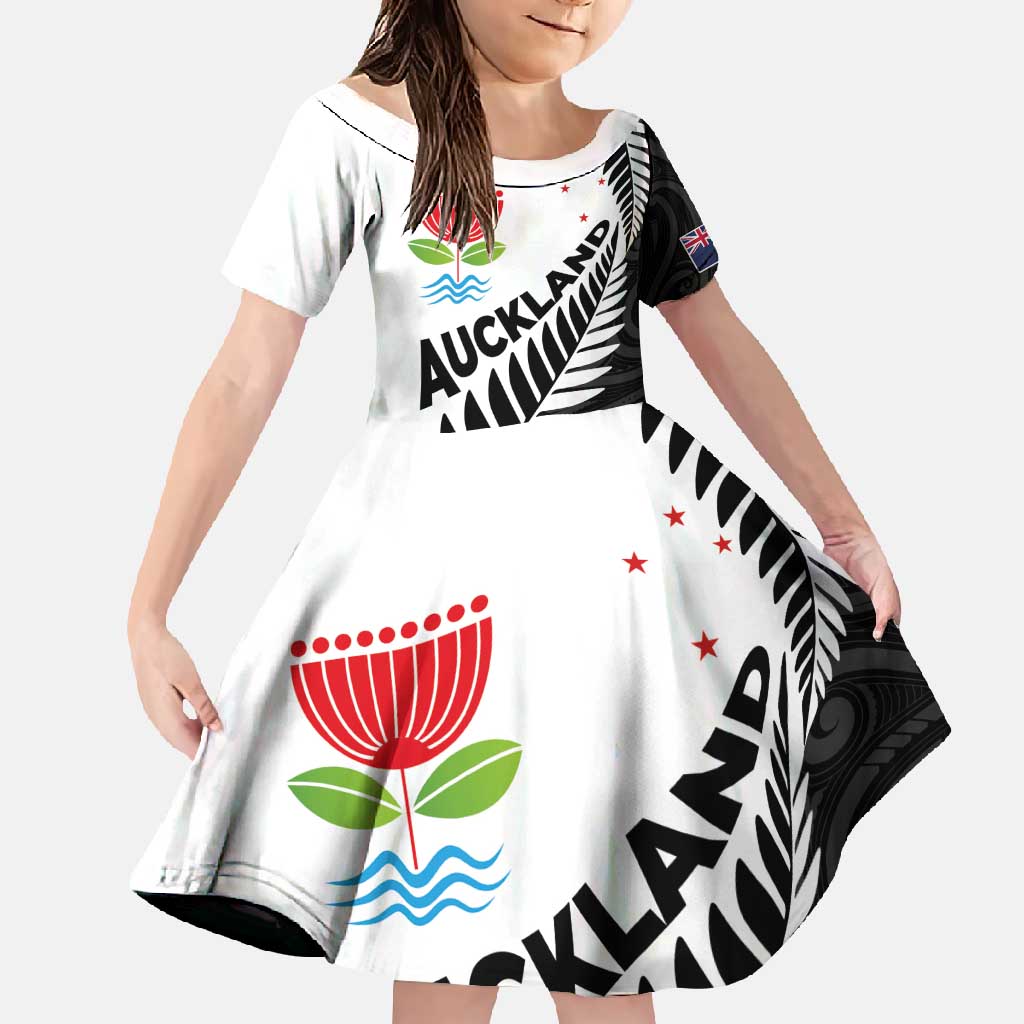 New Zealand Auckland Family Matching Mermaid Dress and Hawaiian Shirt Auckland's Emblem and Silver Ferns - Maori Art Tattoo LT03 Daughter's Dress Light Blue - Polynesian Pride