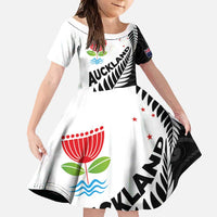 New Zealand Auckland Family Matching Mermaid Dress and Hawaiian Shirt Auckland's Emblem and Silver Ferns - Maori Art Tattoo LT03 Daughter's Dress Light Blue - Polynesian Pride