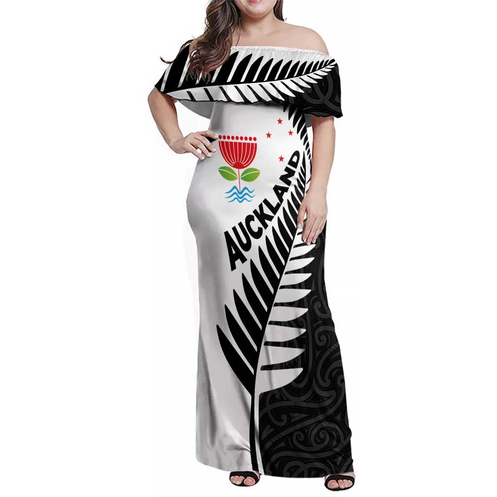 New Zealand Auckland Family Matching Off Shoulder Maxi Dress and Hawaiian Shirt Auckland's Emblem and Silver Ferns - Maori Art Tattoo LT03 Mom's Dress Light Blue - Polynesian Pride