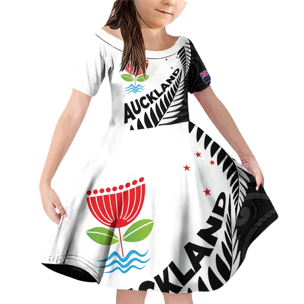 New Zealand Auckland Family Matching Off Shoulder Short Dress and Hawaiian Shirt Auckland's Emblem and Silver Ferns - Maori Art Tattoo LT03 Daughter's Dress Light Blue - Polynesian Pride