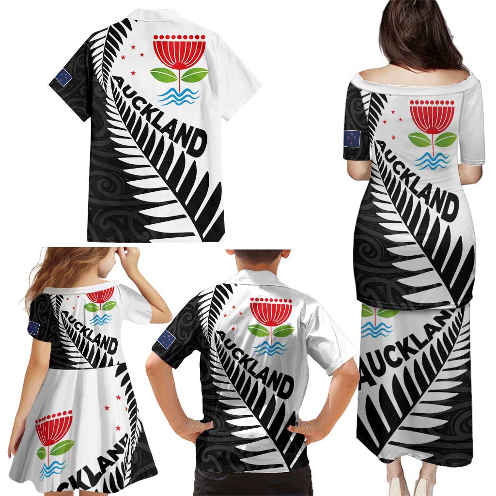 New Zealand Auckland Family Matching Puletasi and Hawaiian Shirt Auckland's Emblem and Silver Ferns - Maori Art Tattoo LT03 - Polynesian Pride