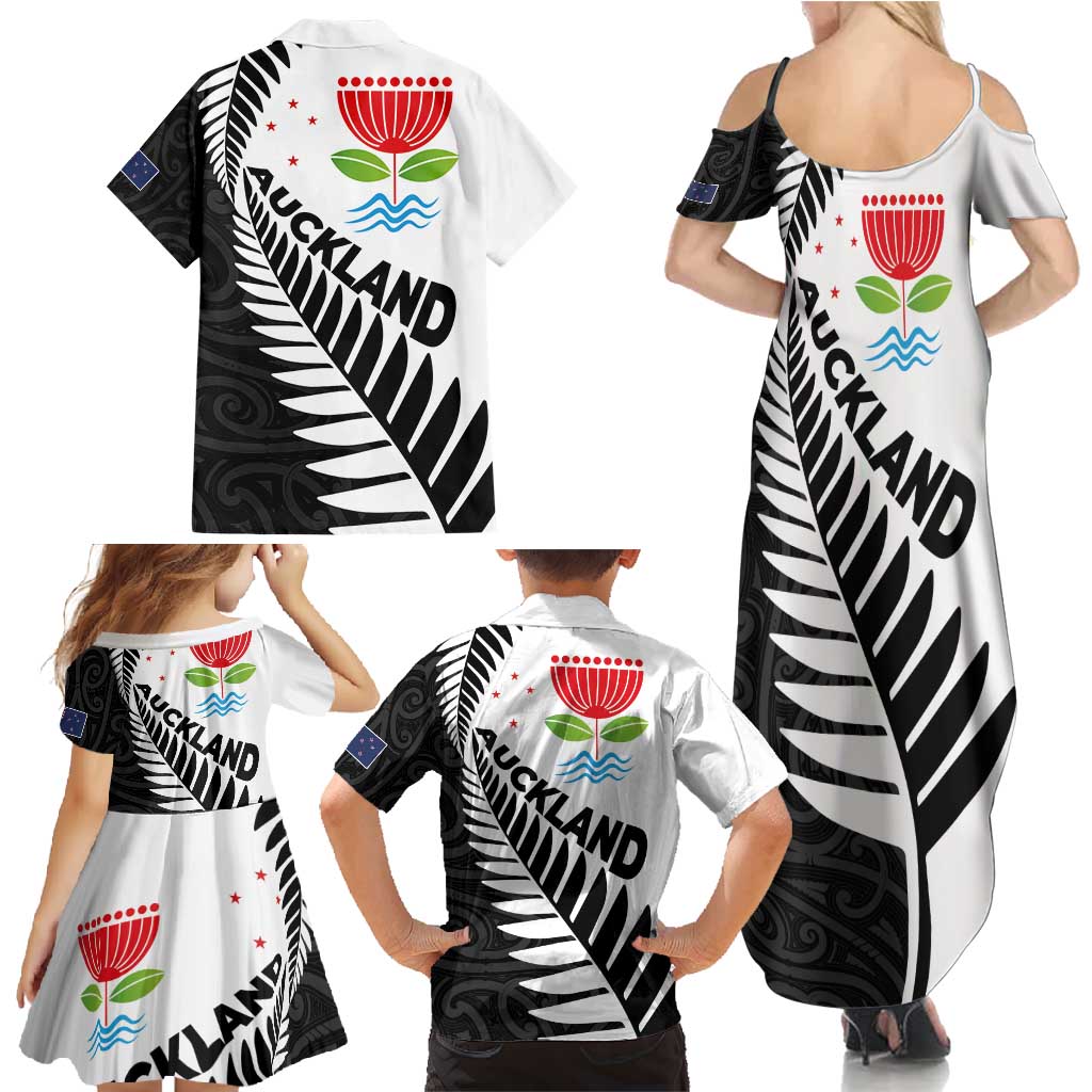 New Zealand Auckland Family Matching Summer Maxi Dress and Hawaiian Shirt Auckland's Emblem and Silver Ferns - Maori Art Tattoo LT03 - Polynesian Pride