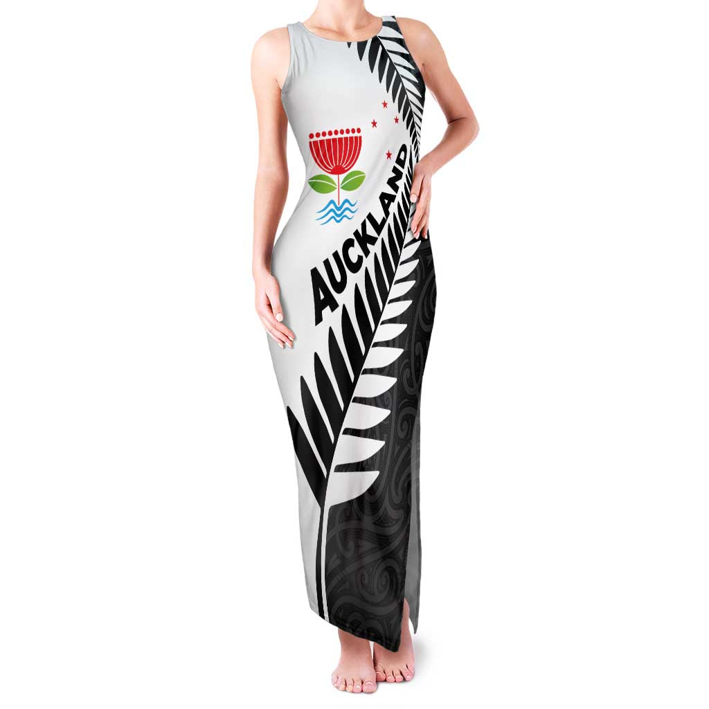 New Zealand Auckland Family Matching Tank Maxi Dress and Hawaiian Shirt Auckland's Emblem and Silver Ferns - Maori Art Tattoo LT03 Mom's Dress Light Blue - Polynesian Pride