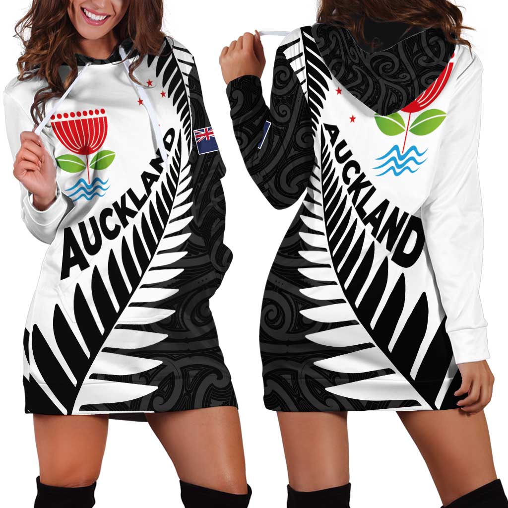 New Zealand Auckland Hoodie Dress Auckland's Emblem and Silver Ferns - Maori Art Tattoo LT03 - Polynesian Pride