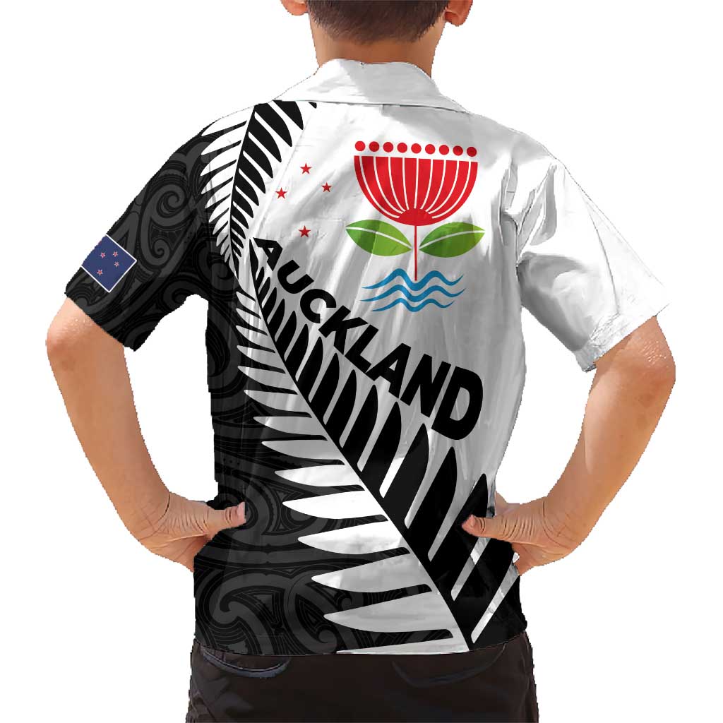 New Zealand Auckland Kid Hawaiian Shirt Auckland's Emblem and Silver Ferns - Maori Art Tattoo LT03 - Polynesian Pride