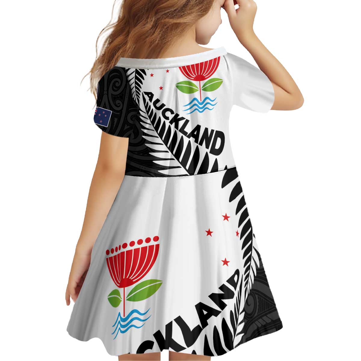 New Zealand Auckland Kid Short Sleeve Dress Auckland's Emblem and Silver Ferns - Maori Art Tattoo