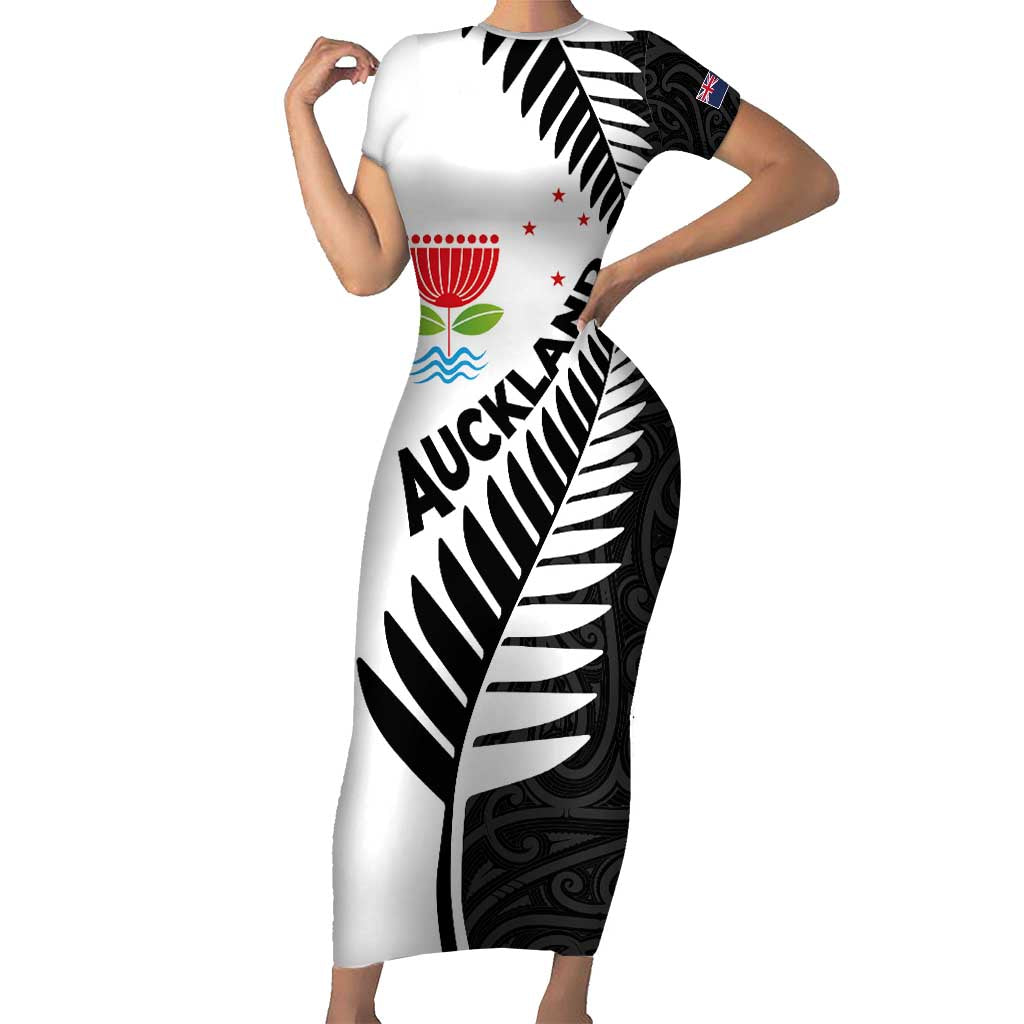 New Zealand Auckland Short Sleeve Bodycon Dress Auckland's Emblem and Silver Ferns - Maori Art Tattoo