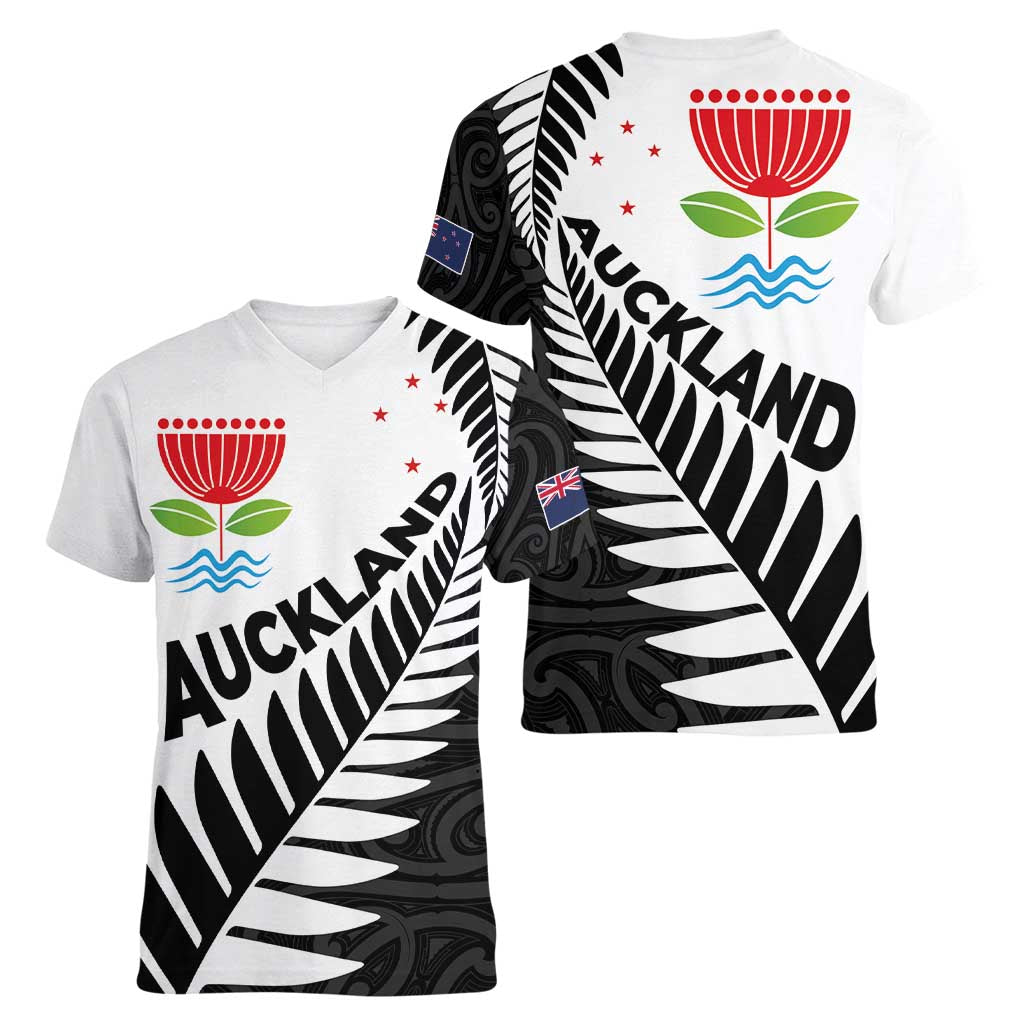 New Zealand Auckland Women V-Neck T-Shirt Auckland's Emblem and Silver Ferns - Maori Art Tattoo LT03 - Polynesian Pride