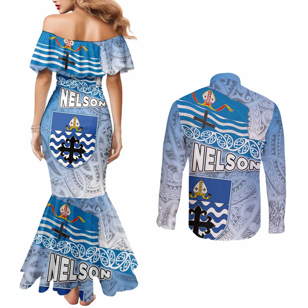 New Zealand Nelson Couples Matching Mermaid Dress and Long Sleeve Button Shirt Nelson's Flag and Seal - Maori Art Tattoo