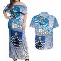 New Zealand Nelson Couples Matching Off Shoulder Maxi Dress and Hawaiian Shirt Nelson's Flag and Seal - Maori Art Tattoo LT03 White - Polynesian Pride