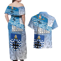 New Zealand Nelson Couples Matching Off Shoulder Maxi Dress and Hawaiian Shirt Nelson's Flag and Seal - Maori Art Tattoo LT03 - Polynesian Pride