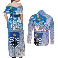 New Zealand Nelson Couples Matching Off Shoulder Maxi Dress and Long Sleeve Button Shirt Nelson's Flag and Seal - Maori Art Tattoo