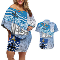 New Zealand Nelson Couples Matching Off Shoulder Short Dress and Hawaiian Shirt Nelson's Flag and Seal - Maori Art Tattoo