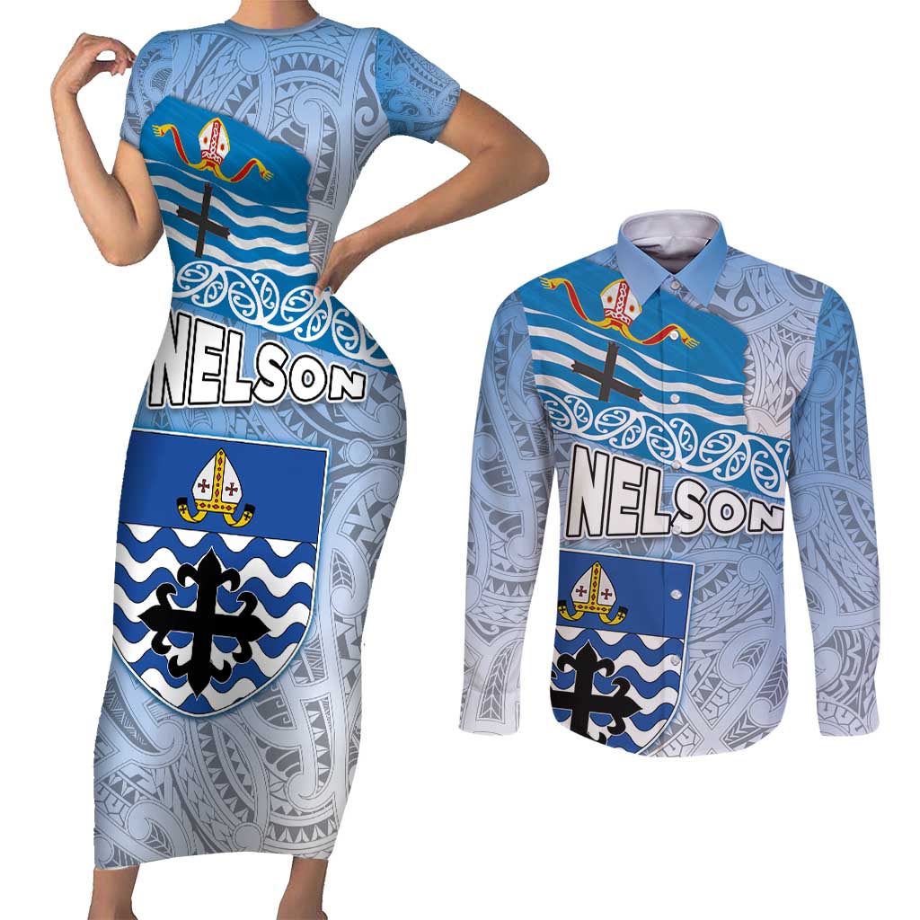 New Zealand Nelson Couples Matching Short Sleeve Bodycon Dress and Long Sleeve Button Shirt Nelson's Flag and Seal - Maori Art Tattoo