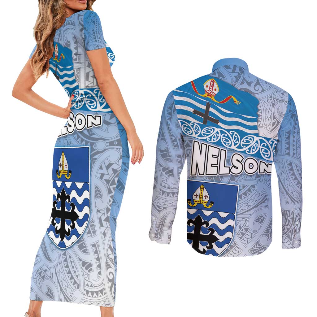 New Zealand Nelson Couples Matching Short Sleeve Bodycon Dress and Long Sleeve Button Shirt Nelson's Flag and Seal - Maori Art Tattoo
