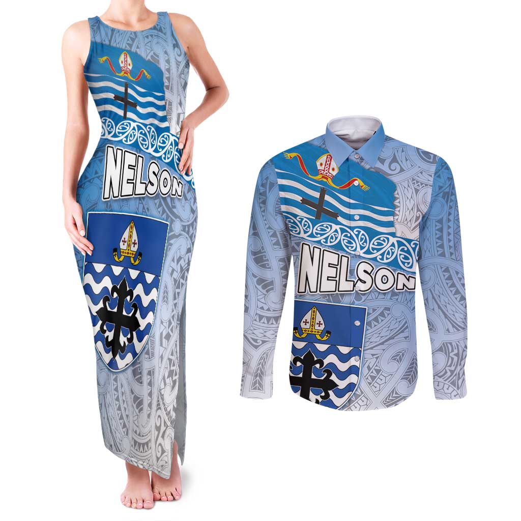New Zealand Nelson Couples Matching Tank Maxi Dress and Long Sleeve Button Shirt Nelson's Flag and Seal - Maori Art Tattoo