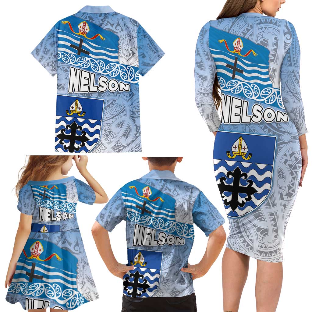 New Zealand Nelson Family Matching Long Sleeve Bodycon Dress and Hawaiian Shirt Nelson's Flag and Seal - Maori Art Tattoo LT03 - Polynesian Pride