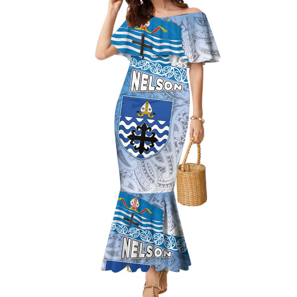 New Zealand Nelson Family Matching Mermaid Dress and Hawaiian Shirt Nelson's Flag and Seal - Maori Art Tattoo LT03 Mom's Dress White - Polynesian Pride