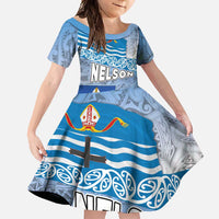 New Zealand Nelson Family Matching Off Shoulder Maxi Dress and Hawaiian Shirt Nelson's Flag and Seal - Maori Art Tattoo LT03 Daughter's Dress White - Polynesian Pride