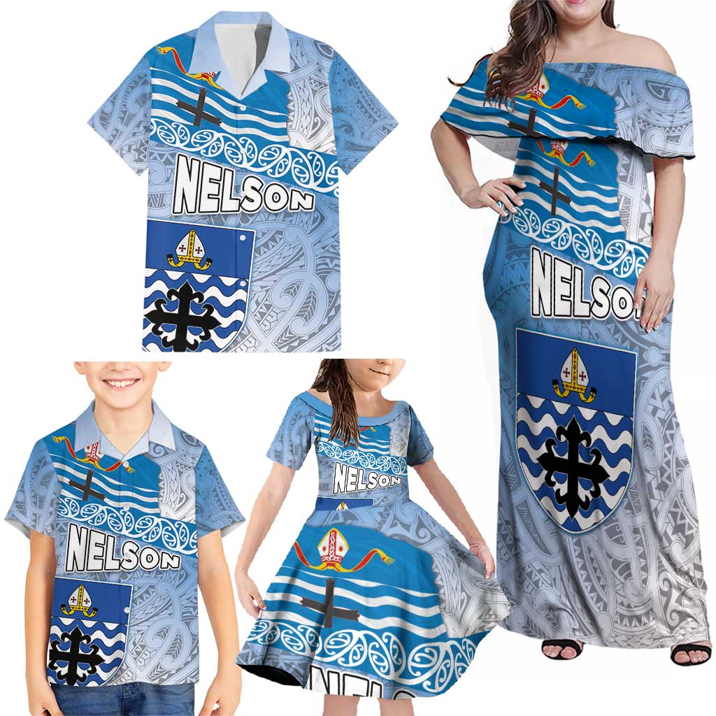 New Zealand Nelson Family Matching Off Shoulder Maxi Dress and Hawaiian Shirt Nelson's Flag and Seal - Maori Art Tattoo LT03 - Polynesian Pride
