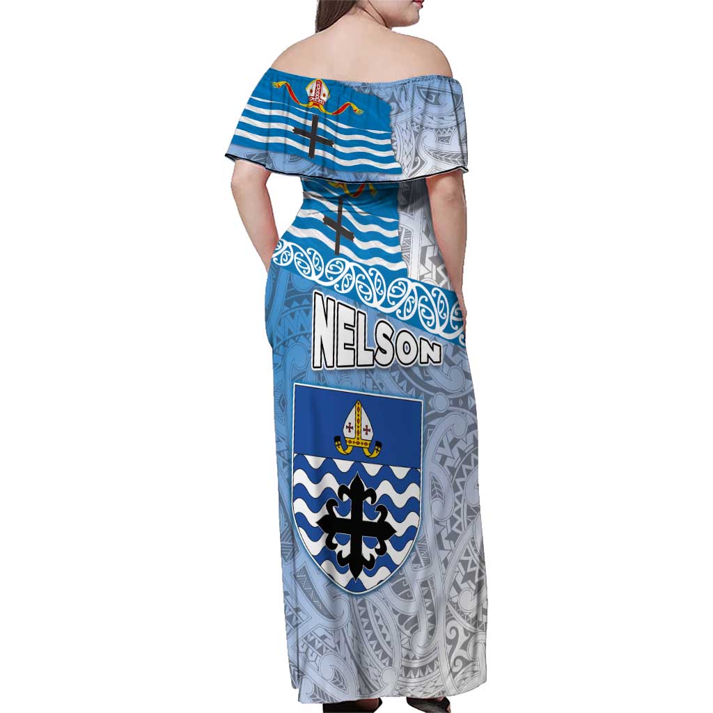 New Zealand Nelson Family Matching Off Shoulder Maxi Dress and Hawaiian Shirt Nelson's Flag and Seal - Maori Art Tattoo LT03 - Polynesian Pride