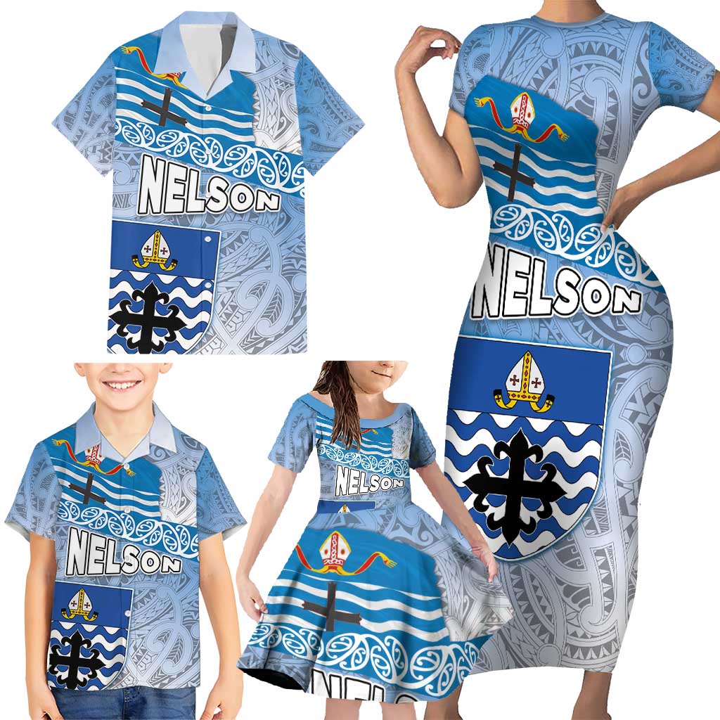 New Zealand Nelson Family Matching Short Sleeve Bodycon Dress and Hawaiian Shirt Nelson's Flag and Seal - Maori Art Tattoo LT03 - Polynesian Pride