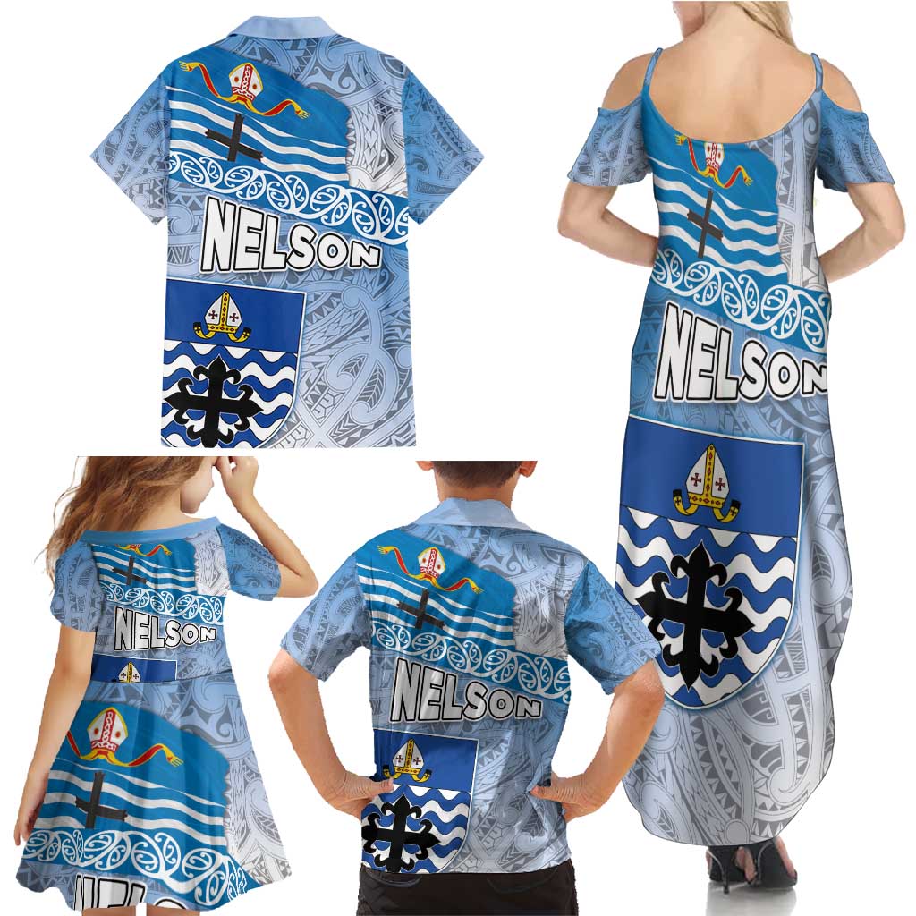 New Zealand Nelson Family Matching Summer Maxi Dress and Hawaiian Shirt Nelson's Flag and Seal - Maori Art Tattoo LT03 - Polynesian Pride
