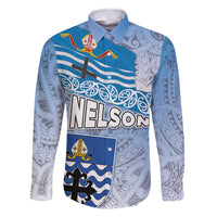 New Zealand Nelson Family Matching Summer Maxi Dress and Hawaiian Shirt Nelson's Flag and Seal - Maori Art Tattoo LT03 Dad's Shirt - Long Sleeve White - Polynesian Pride