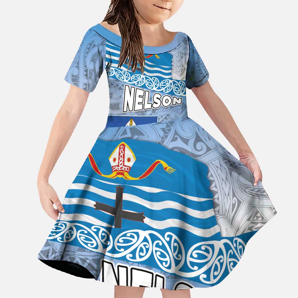 New Zealand Nelson Family Matching Tank Maxi Dress and Hawaiian Shirt Nelson's Flag and Seal - Maori Art Tattoo LT03 Daughter's Dress White - Polynesian Pride