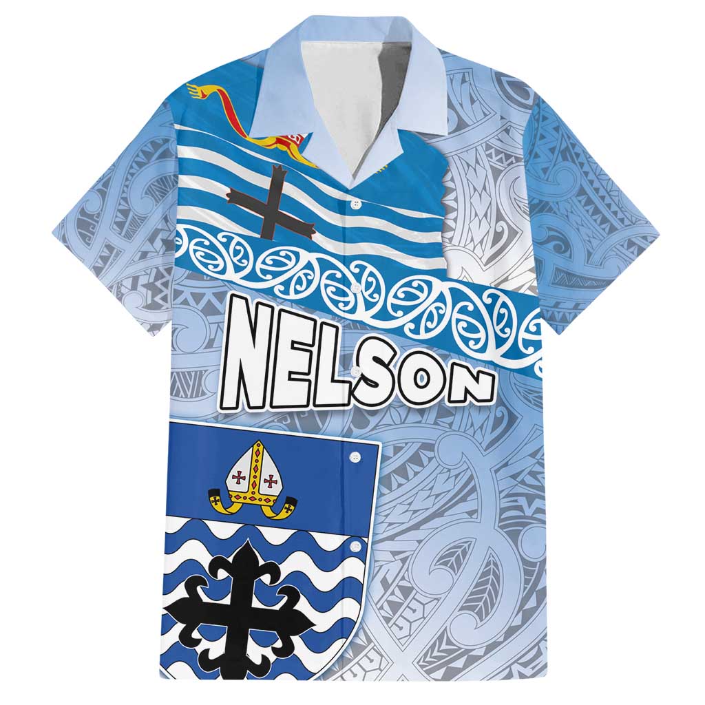 New Zealand Nelson Family Matching Tank Maxi Dress and Hawaiian Shirt Nelson's Flag and Seal - Maori Art Tattoo LT03 Dad's Shirt - Short Sleeve White - Polynesian Pride