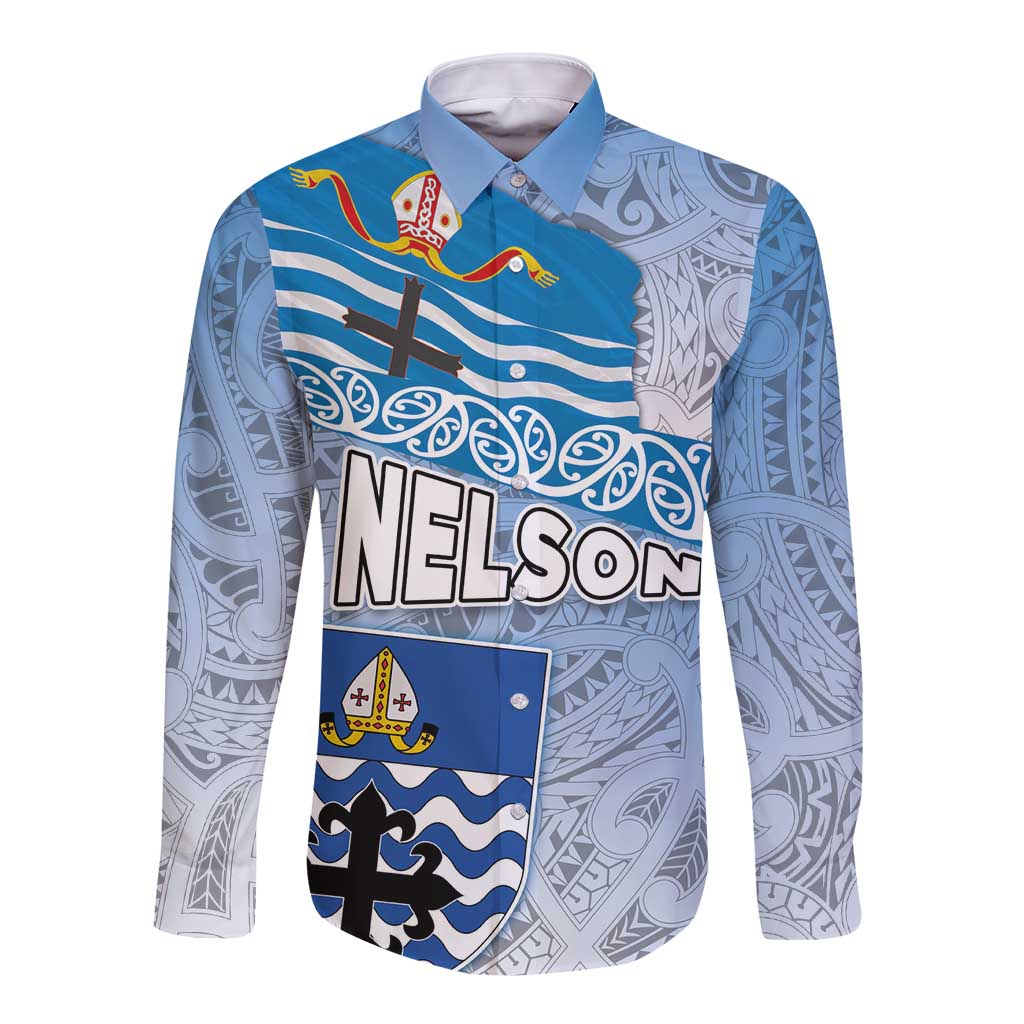 New Zealand Nelson Long Sleeve Button Shirt Nelson's Flag and Seal - Maori Art Tattoo LT03 Unisex White - Polynesian Pride