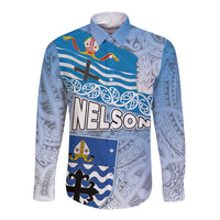 New Zealand Nelson Long Sleeve Button Shirt Nelson's Flag and Seal - Maori Art Tattoo LT03 Unisex White - Polynesian Pride