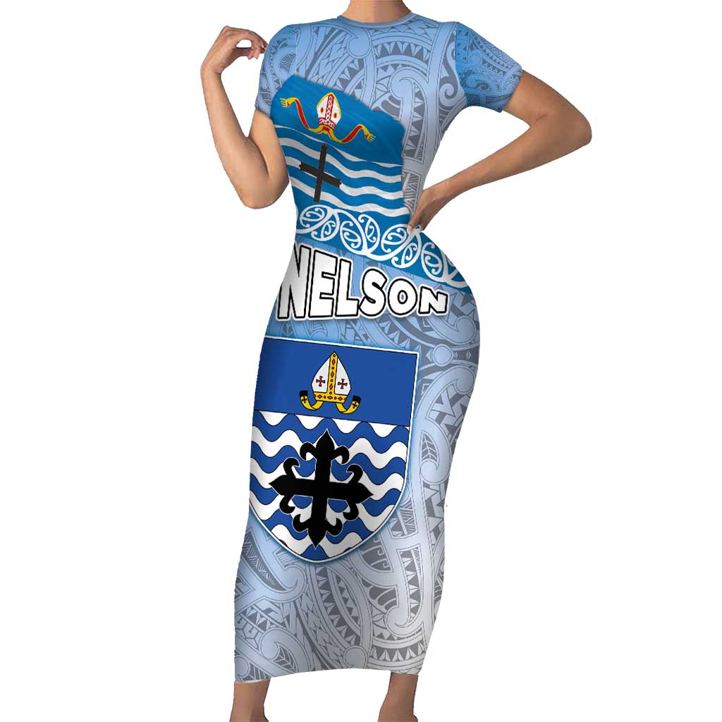 New Zealand Nelson Short Sleeve Bodycon Dress Nelson's Flag and Seal - Maori Art Tattoo